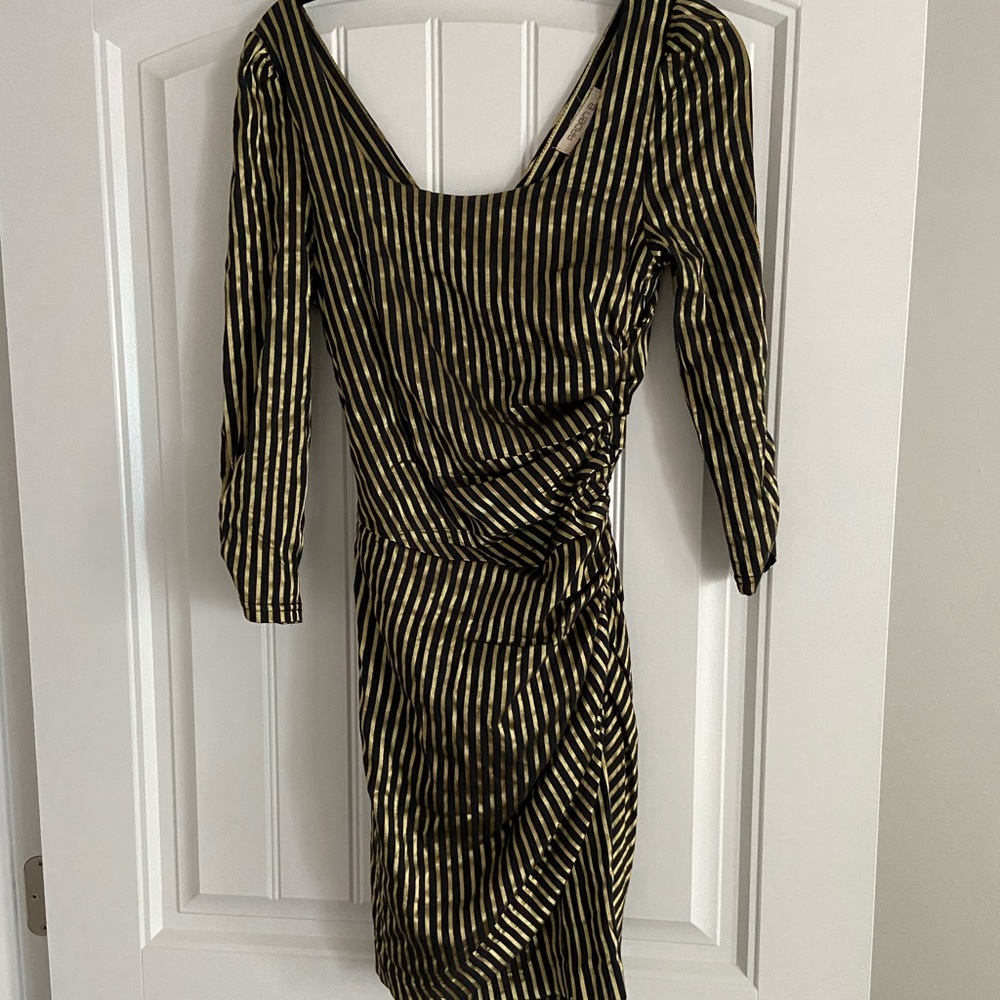 Arden B Gold and Black Striped Faux Wrap Dress